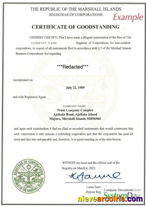 Marshal Islands Certificate of Good Standing